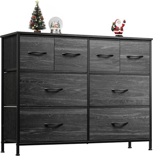WLIVE Wide Dresser for Bedroom, 8 Drawer Chest of Drawers, Black Wood Grain | 8 roomy fabric drawers, Wide storage design, Bedroom or closet use, Sturdy steel frame, Smooth wood tabletop