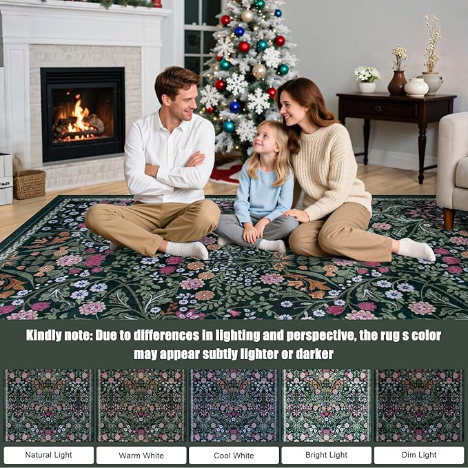 PLHXFR Area Rug Living Room: 4x6 Floral Washable Boho Carpet Dark Green | For Bedroom Dining Room Farmhouse Nursery Hallway,Vintage Floral,Machine washable,Non Slip,Stain Resistant,Large Indoor
