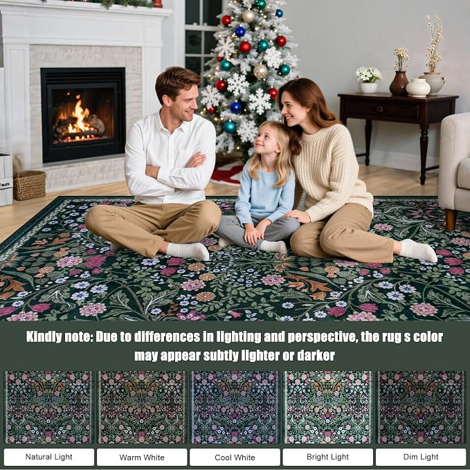 PLHXFR 2.6x10 Washable Runner Rug：Floral Indoor Kitchen Carpet Dark Green | For Hallway Bedroom Kitchen Laundry Bathroom Dorm,Vintage Floral,Machine washable,Non Slip,Stain Resistant,Indoor Floor