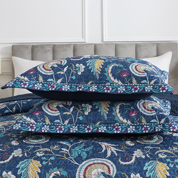 Quilt Set King Size, Bedspread Sets Blue Botanical Floral Patterns, Reversible Quilt Bedding Set Lightweight and Breathable for All Seasons, Soft Quilted Bedspread with 2 Pillow Shams