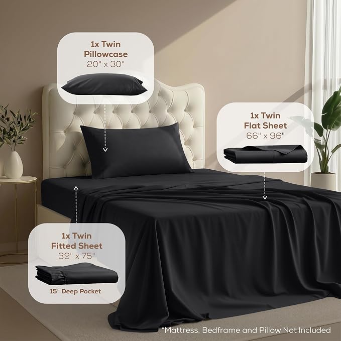 Twin Sheets Set, 3 Pieces 16" Deep Pocket Hotel Luxury Bed Sheets, Black | Extra Soft Bedsheet Set, Comfy & Breathable Cooling Sheets, Wrinkle & Fade Resistant, Fitted Sheet, Flat Sheet, 1 Pillowcase