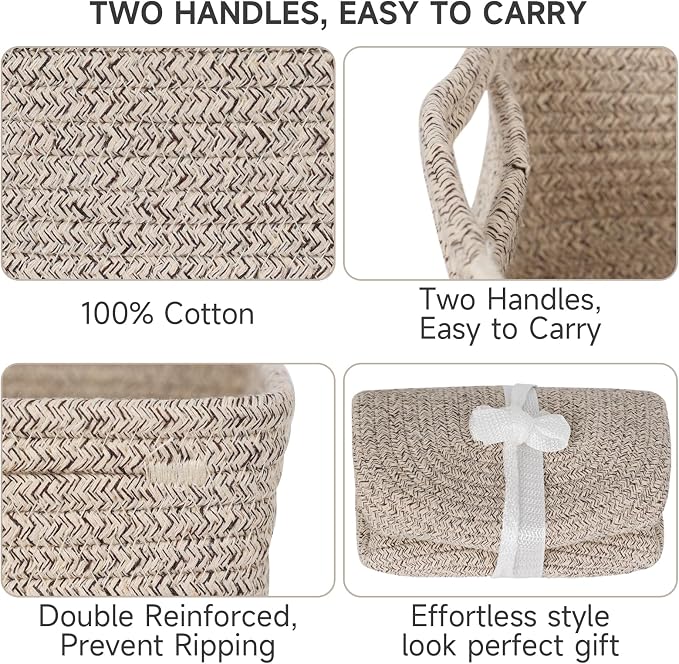 3 Pack Small Storage Baskets for Organizing, 11.8×7.8×5.1", Mixed Brown | Woven Baskets for shelves, Cotton Rope Basket for Gifts Empty, Closet Organizer Bins with Handles, Cube Decorative Box