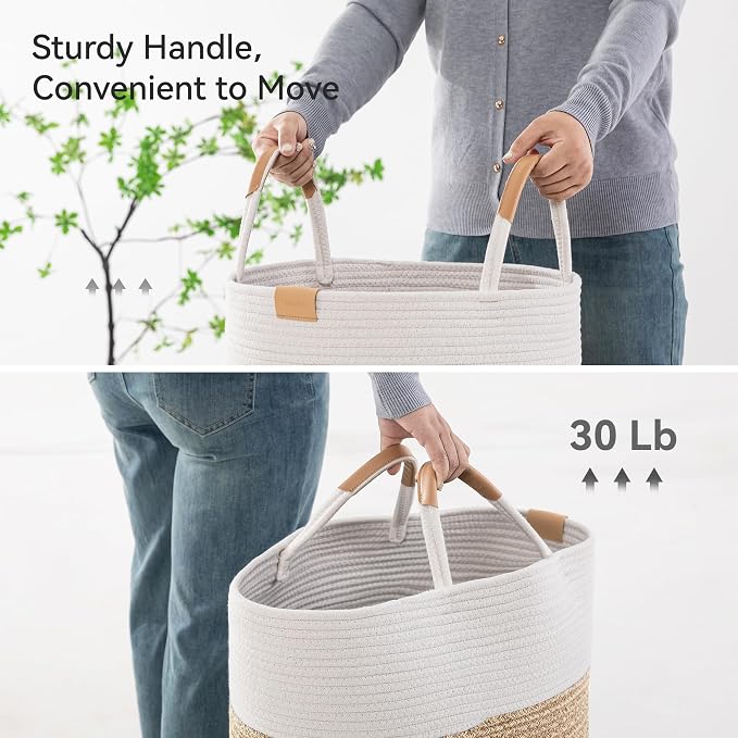 Nunsino 95L Striped Laundry Hamper with Leather Handles,Large Foldable Laundry Basket for Clothes,Cotton Rope Storage Bin for Blankets,Woven Clothes Basket for Bedroom,Beige Stripes