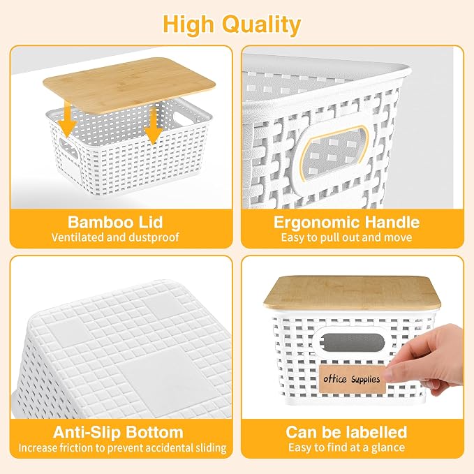 6 Pack Plastic Storage Baskets,White bamboo lid storage Box | Labels, Stackable, For Organizing Shelves Pantry Drawers Desktop Closets Organizing Desktop Closet Playroom Classroom