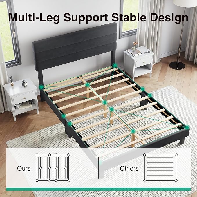 Novilla Full Size Bed Frame with Headboard, Full Bed Frame with Wooden Slats Support, Velvet Upholstered Stripe Headboard, No Box Spring Needed, Heavy Duty Feet, Easy Assembly, Black Velvet