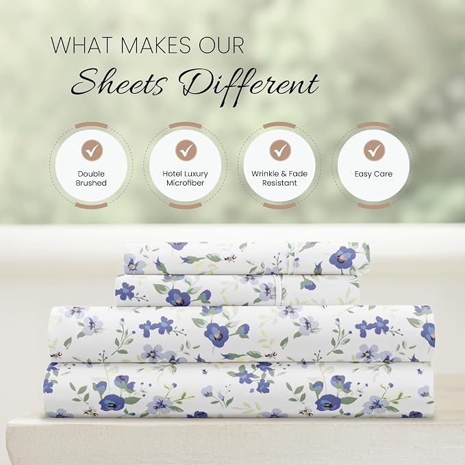 Linen Market Patterned Microfiber Full Sheet Set 4 Piece – Oeko-TEX Certified Ultra Soft & Wrinkle-Free - 16" Deep Pocket Sheets - Easy Care Full Size - Blossoms Light Blue