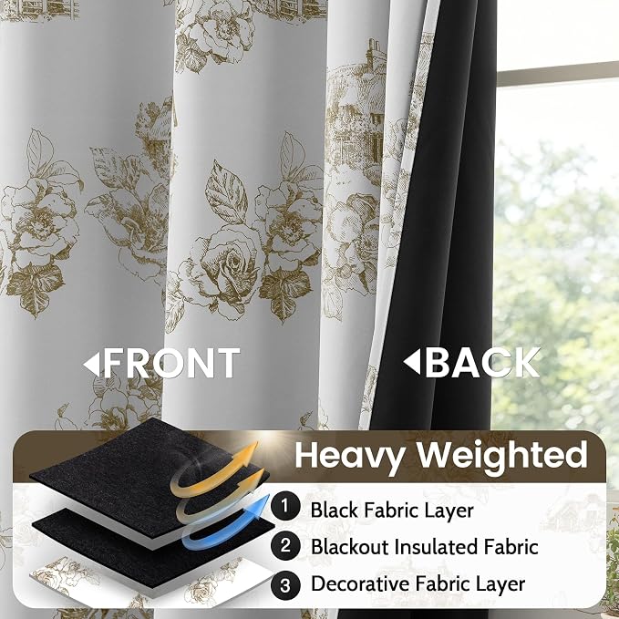SimpleHome 100% Blackout Curtains for Bedroom Light Brown Curtain Floral 72 | Curtains for Living Room,Farmhouse Curtains and Drapes,Grommet Printed Patterns Room Darkening Curtains,2 Panels Set,52Wx72L
