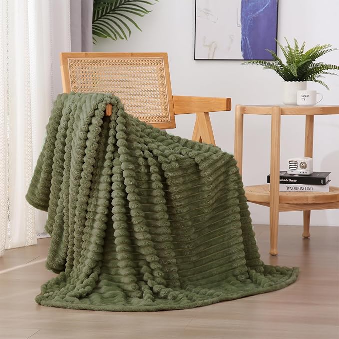 Olive Green Fleece Throw Blanket 90”×90” for Couch Sofa Livingroom | Super Soft Cozy Plush Microfiber Flannel Bed Blanket Striped Design Lightweight Home Decor Gifts for Adults Mom Women