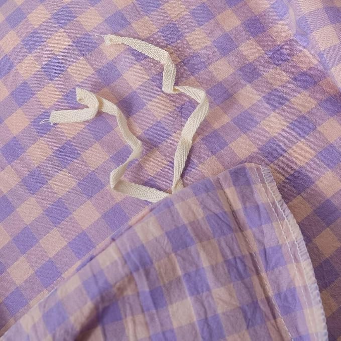 mixinni Purple Gingham Grid Duvet Cover Queen, 100% Washed Cotton Modern Geometric Bedding Set with 2 Pillowcases, Farmhouse Style Yellow Plaid Comforter Cover Set for Men & Women, Soft & Lightweight