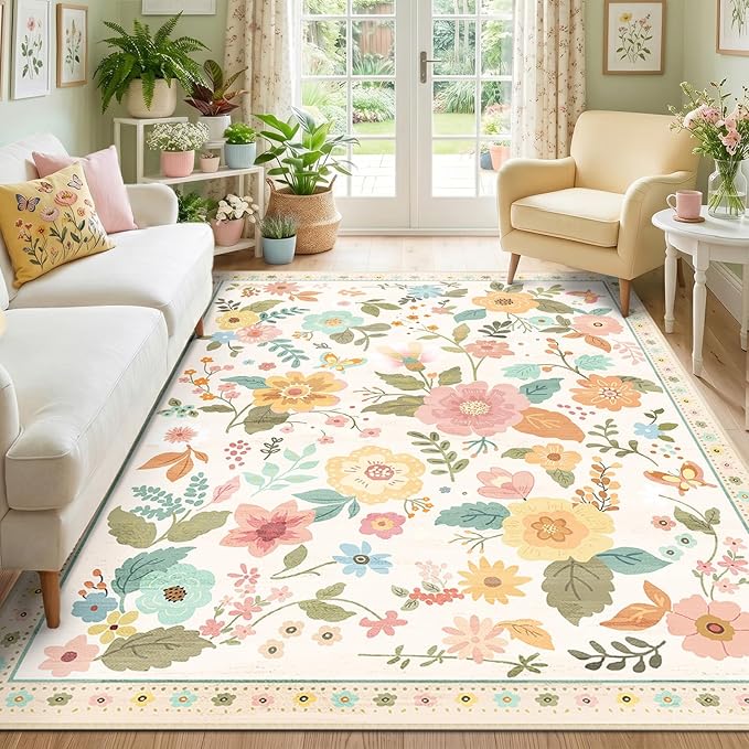 RELEANY Floral Washable 5x7 Area Rugs Beige/White/Orange | Flower Carpet, Print, Boho, Non-Slip, Easy to Clean, Soft, Low Pile for Living Room Bedroom Kitchen Office Entryway Hallway