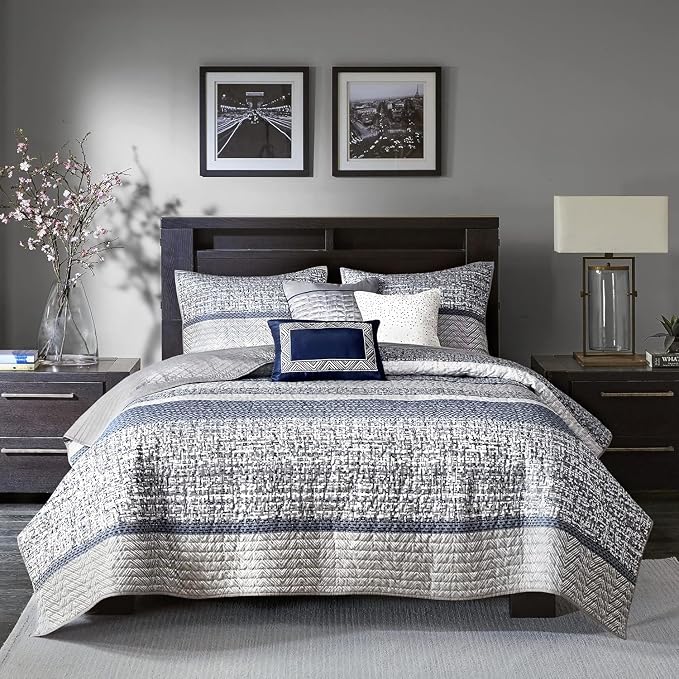 Madison Park Lustrous Jacquard Lightweight Navy Queen Quilt Set, 6pc | All Season Bedding Set, Glitter Accent Coverlet Set, Machine Washable, Cozy, Breathable, Soft, Modern, Casual