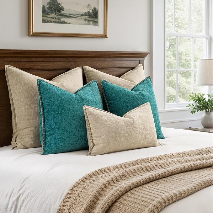 MIULEE Decorative Couch Throw Pillow Covers 20x20 Inch Teal 2 Pack | Farmhouse Pillow Covers with Stitched Edge, Soft Chenille Cushion Cases, for Sofa Bed Living Room Home Decor