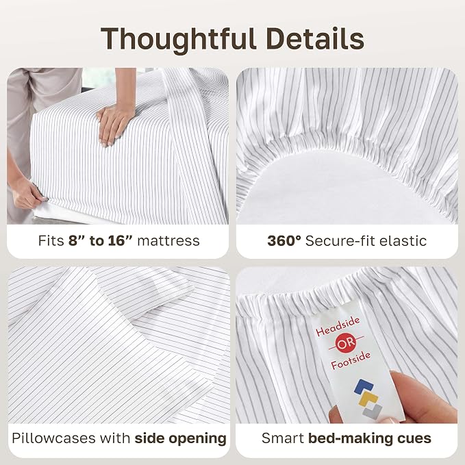 California Design Den Soft 100% Cotton Cal King Bed Sheets Set | 400 Thread Count Backed by Good Housekeeping Seal, 16" Deep Pocket, All-Around Elastic, Durable, Easy Care - Pinstripe Print