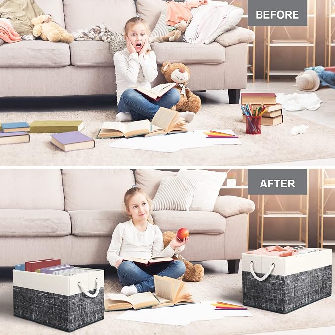 Storage Bins 4-Pack, Foldable Storage Baskets for Organizing Toys, Books, Shelves, Closet, Large Storage Box with Rope Handles, Sturdy Organizer Bins, White & Black