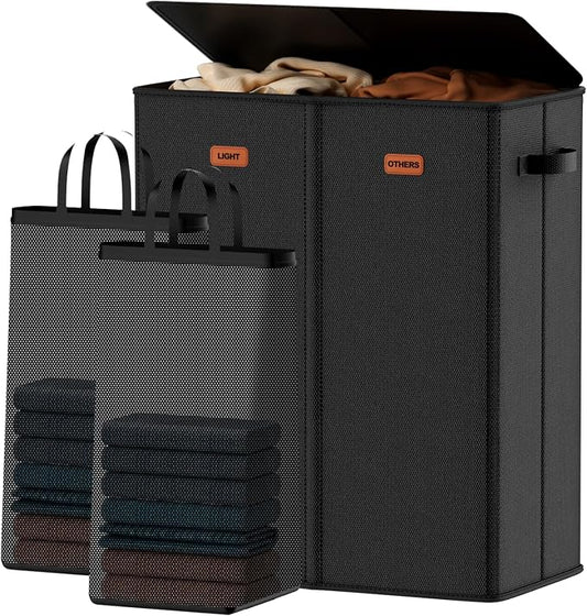 150L Double Laundry Hamper With Lid, Large Clothes Hampers with Removable Bag, Laundry Hamper 2 Section for Bathroom, Bedroom, Laundry Room, Dorm, Black