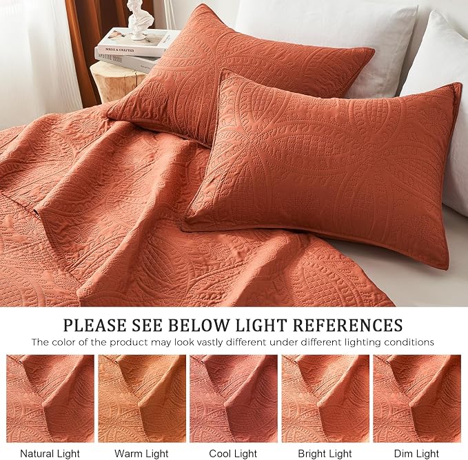 akkialla King Quilt Bedding Set,Burnt Orange Ultrasonic King/Cal King Quilt Set,Lightweight Soft Bedspread Coverlet,Modern Style Coin Pattern Bed Cover for All Seasons,3 Piece(1 Quilt,2 Pillow Shams)