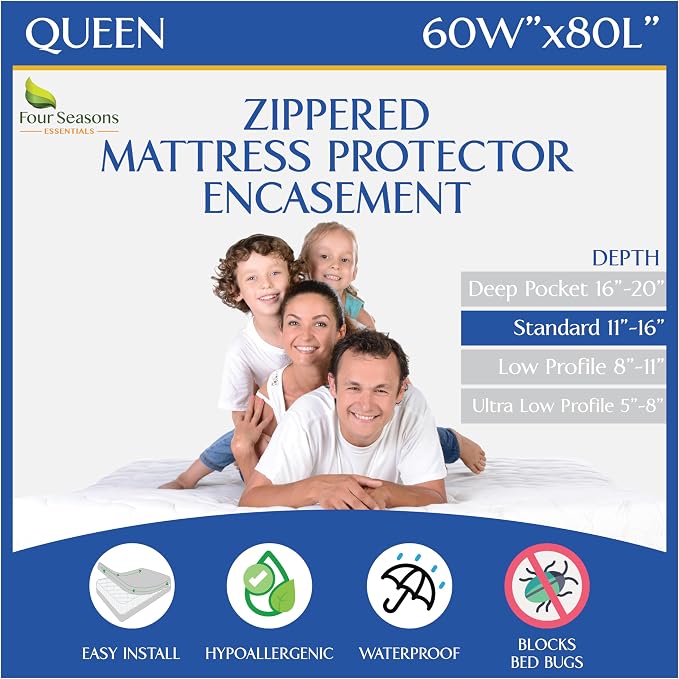 Queen Size Mattress Protector Waterproof Zippered Cover Premium Quality Encasement White
