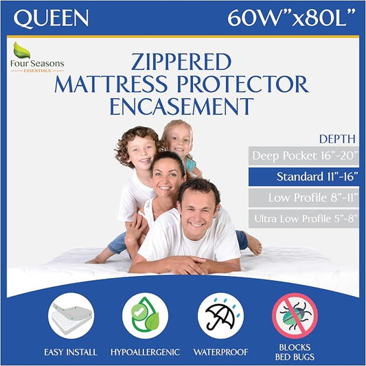 Queen Size Mattress Protector Waterproof Zippered Cover Premium Quality Encasement White