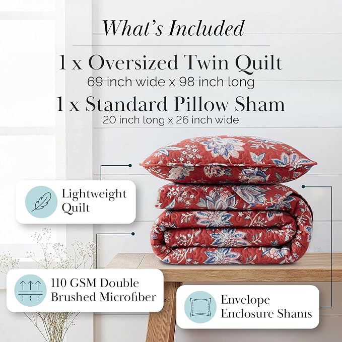 Southshore Fine Living, Inc. Oversized Quilt Bedding Set, 2-Piece Twin XL Coverlet with Matching Sham, Jacobean Willow Floral Coverlet, All Season Quilt Bedspread, Lightweight Twin Quilts, Red