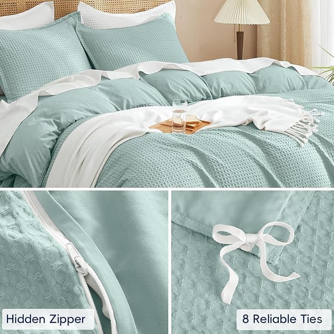 PHF Waffle Duvet Cover Queen, Ultra Soft & Breathable, 90"x90", Aqua | 300GSM Fabrie，No Snagging Textured Honeycomb Comforter Cover for All Season 3pcs, Durable Bedding Duvet Set, Home Decor Gift