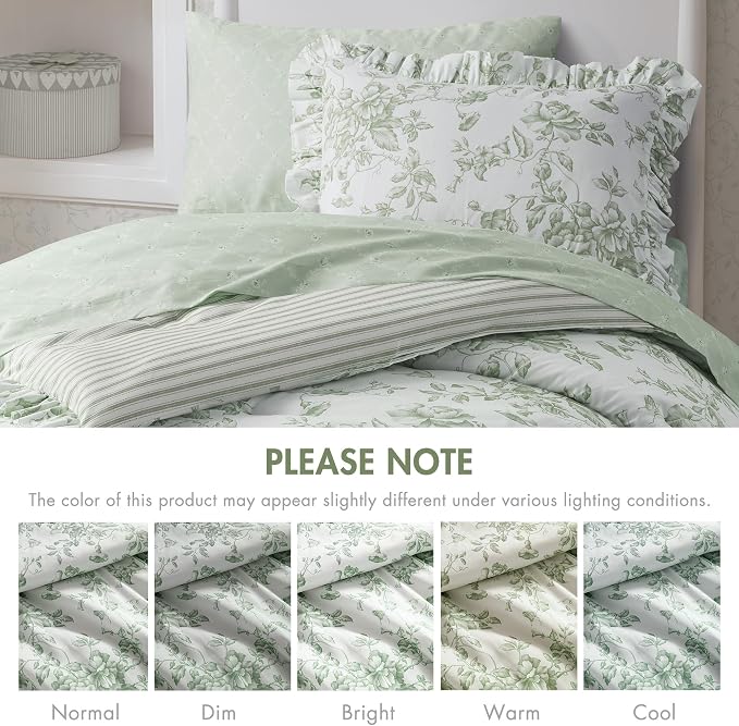 Madison Park Essentials Green Floral Comforter Set with Sheets Twin XL,5pc | Reversible, Elegant College Dorm Bedding, Ruffle Bed in a Bag, All Season, Machine Washable, Wrinkle Resistant, Ultra Soft
