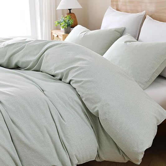 TOCOMOA Sage Green Striped Duvet Cover Set Washed Cotton Like Linen, King | 100% Washed Cotton Linen-Like Feel Soft, Breathable & Comfy. Pinstriped Bedding Set with Zipper & 8 Ties. 3 Pcs, No Insert