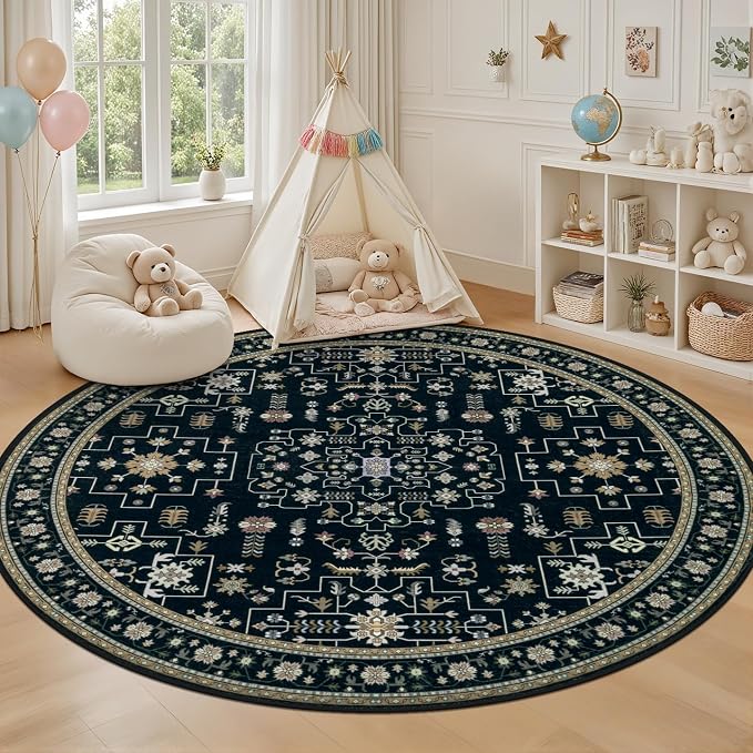 Round Area Rug for Living Room: 4ft Washable Rug for Bedroom Black | Vintage Boho Soft Round Rug Indoor Floor No Slip Carpet Stain Resistant Rugs for Bedroom Dining Room Nursery Home Office