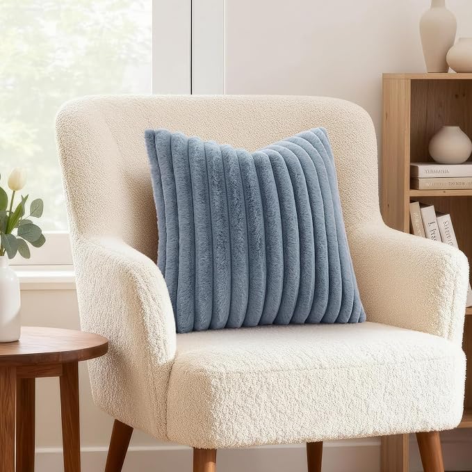 decorUhome Fall Faux Fur Throw Pillow Covers 24x24 Set of 2 Grey Blue | Decorative Soft Cozy Striped Plush Modern Farmhouse Boho Couch Pillow Cases Velvet Back for Sofa Bed Living Room Home Decor