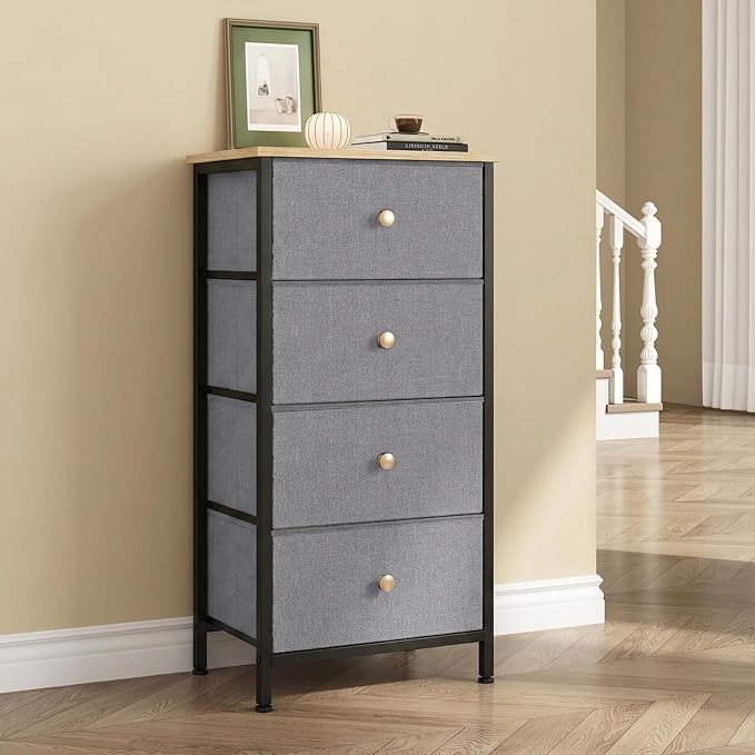 DUMOS Nightstand with 4 Drawers, Bedside Table with Removable Fabric Bins, Sturdy Steel Frame Wood Top Organizer Furniture for Bedroom Closet Living Room, Gray Blue