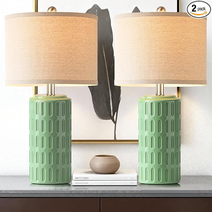23" Farmhouse Modern Ceramic Table Lamp Set of 2 - Sage Green Bedside Lamps for Bedroom & Living Room, Nightstand, Desk, End Table