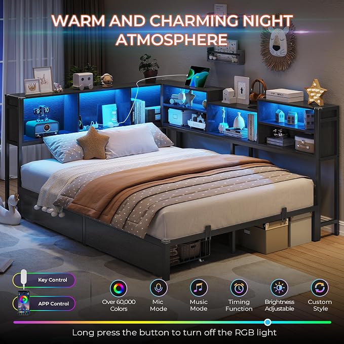DICTAC Full Corner Bed Frame with Storage Bookcase and Led Lights Metal Platform Corner Bed Frame with 2 Drawers and Charging Station Modern Full Size Daybed with Storage for Kids/Teen/Adult,Black