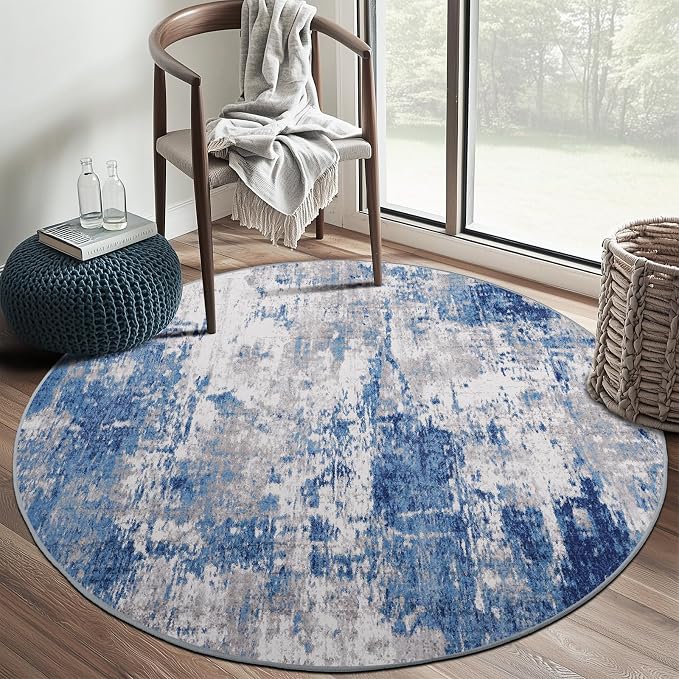 RELEANY Washable Round 6ft Area Rug for Living Room Blue Gray | Carpet for Bedroom, Kitchen, Office, Hallway and Entryway, Printed Pattern, Non‑Slip, Soft, Stain‑Resistant, Easy to Clean
