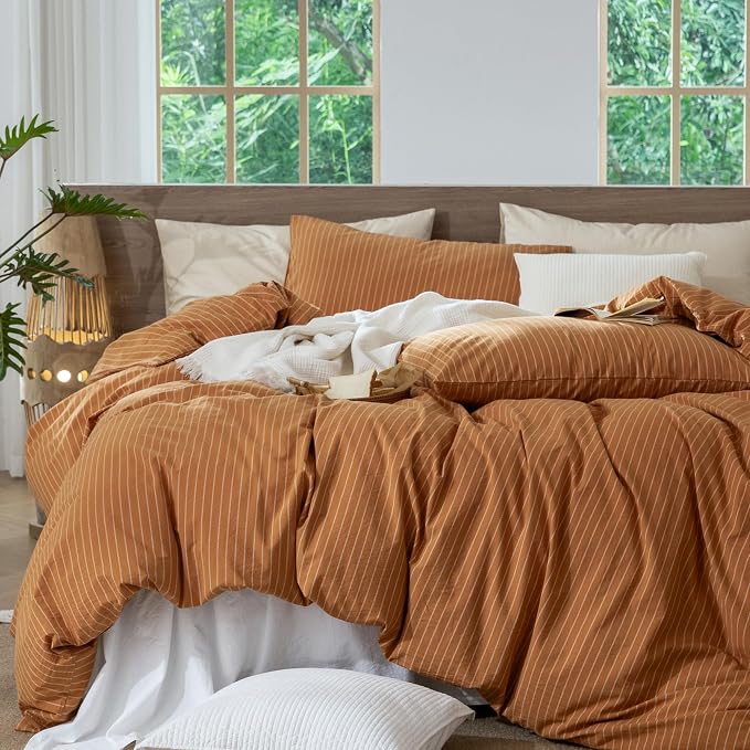 MooMee Striped Duvet Cover Set 100% Washed Cotton Linen Like King | Relaxed Linen-like Texture. Soft, Breathable & Long-lasting Comfort. Lightweight. Hidden Zipper with 8 Interior Corner Ties