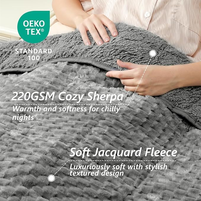Mr. Sandman Weighted Blankets for Adults, Queen Size 60 x 80 Inches, 15lbs | Machine Washable; Soft Warm Sherpa Fleece; Jacquard Flannel Filled with Glass Beads; Heavy Throw for Sleep and Calm; Grey