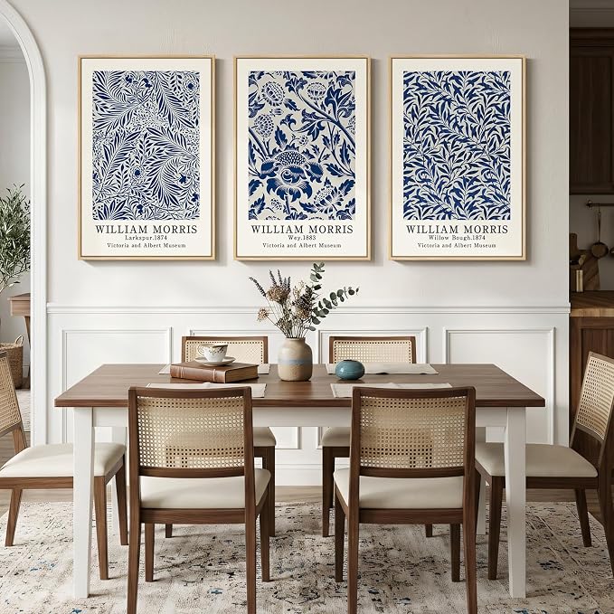 Large Framed William Morris Blue Canvas Wall Art for Living Room, 3 Piece | Fine art, Botanical, Floral, Nature, Aesthetic, Navy blue, Easy to hang, Waterproof, Bedroom/Office/Hallway/Wall decor