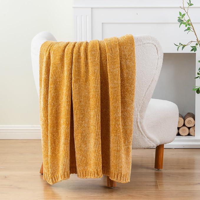 Mustard Yellow Throw Blanket for Couch, Chenille Throw Blanket 51"x67" | Shiny Chenille Blanket, Cozy Brethable Knit Throw Blanket, Fall Mustard Blanket for Bed Sofa Home Decor