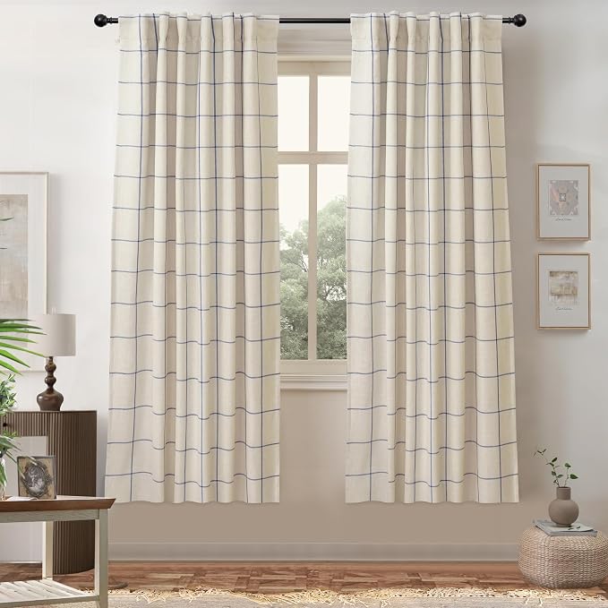 DriftAway 100% Blackout Plaid Curtains 63 Inches Long 2 Panels Navy Blue | 100% Blackout, Linen Texture, Plaid Pattern, Two Layers, Rod Pocket & Back Tab, Bedroom Living Room Use, Luxury Appearance