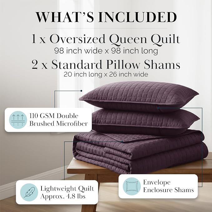 Southshore Fine Living, Inc. Quilts, Queen Size/Full Size Quilt Bedding Set, Stain & Pet Hair Resistant Bedding, Coverlet Queen Size/Full Size Lightweight Bedspread with 2 Pillow Shams, Purple