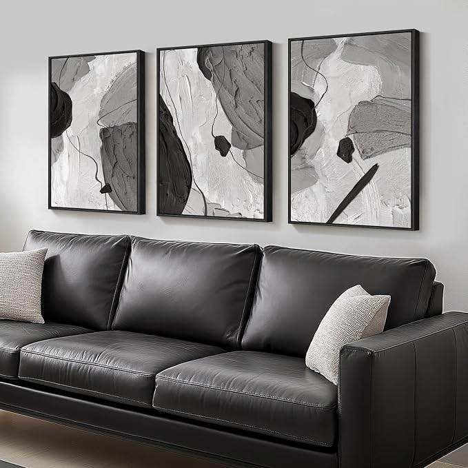 Large Framed Black and White Abstract Wall Art for Living Room, 20x30 Inch | Set of 3 Canvas Prints, Black and White Gray Pictures, Modern Artwork, Minimalist Paintings, Bedroom Dining Room Wall Decor