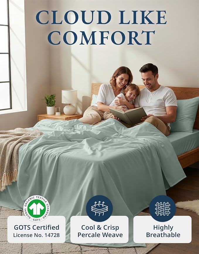 LANE LINEN Queen Sheet Set 100% Organic Cotton Cooling Soft 4pc - Cool Blue | Pure Long-Staple Organic Cotton Queen Sheet Set - Easy-Care Machine Washable, Breathable For Year-Round Sleep