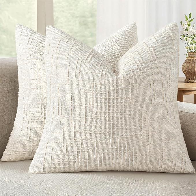 MIULEE Chenille Textured Throw Pillow Covers Cream White 20x20 Set of 2 | Slubby Decorative Pillows, Boho Farmhouse Home Decor, Modern Neutral Cushion Covers for Couch Sofa Bed Living Room