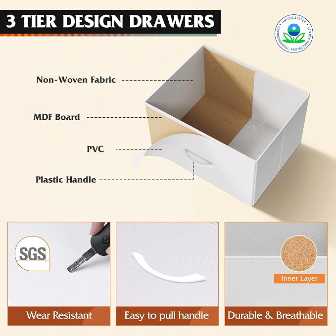 WLIVE LED Dresser TV Stand for 55 Inch TV, 8 Drawers, White | Fits TVs up to 55 inch, 8 fabric drawers, LED chest of drawers, Built-in power outlet, Living room or bedroom