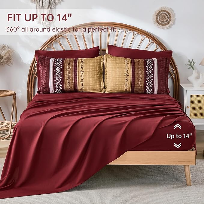 Dintszyayue Burgundy Queen Comforter Size Set, 8 Pieces Boho Striped Texture Bed in a Bag Sets, Lightweight Soft Bohemian Comforter and Sheet Set, All Season Microfiber Bedding Sets for Men Women