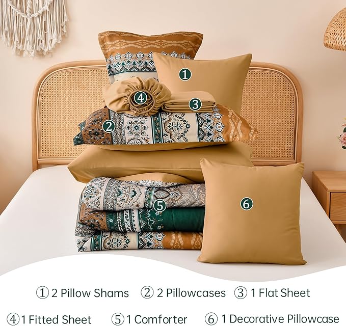 Cottolester Boho Comforter Set Full Size,8 Pieces Brown and Green Bohemian Striped Bed in a Bag,Paisley Soft Microfiber Bedding Comforter Set