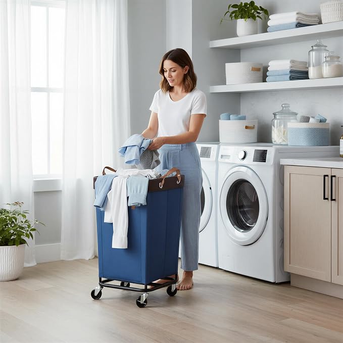 StorageWorks 160L Laundry Basket with Wheels, Rolling Hampers for Clothing | Blue Laundry Basket with Wheels, Metal Frame & Handles, Rolling Hamper for Bedroom, Bathroom, Dorm, Hotel
