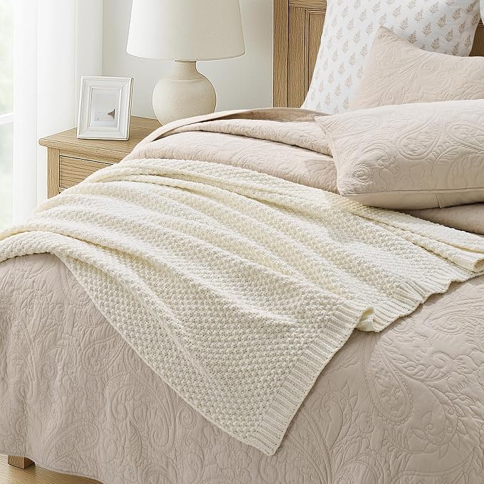 EVERGRACEHOME Chunky Chenille Knit Throw Blanket, 60 x 80, Ivory White | Sculpted Moss Stitch, Chic Modern Farmhouse, All-Season Warmth, OEKO-TEX® Certified, Elegant Blanket for Couch, Bed, Sofa