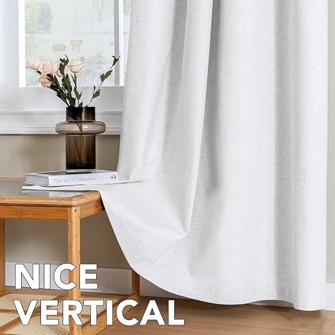 H.VERSAILTEX Linen Curtains 100% Blackout Curtains for Bedroom 120 inch Long Full Light Blocking Nature Linen Blended Window Curtains for Living Room Nickel Grommet (2 Panels, Heathered White)