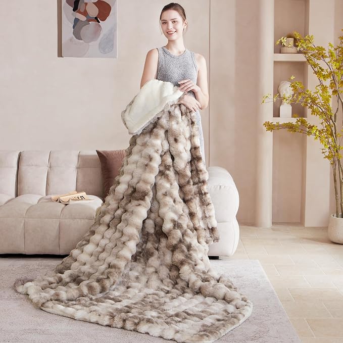 60x80 Inches Ultra-Soft Fuzzy Faux Fur Plush Twin Size Blanket - Thick, Warm Sherpa for Couch, Sofa, Bedroom, Camping - Decorative Blanket for Cozy Warmth, Bubble Brown Tie Dye