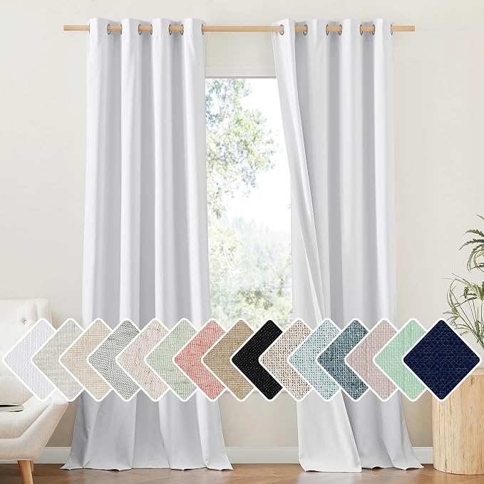 NICETOWN 100% Absolutely Blackout Linen Curtains with Thermal Insulated White Liner, White, 52 inches Wide, 102 inches Length Energy Saving Curtains for Living Room 2 Panels Set, Vertical Blinds