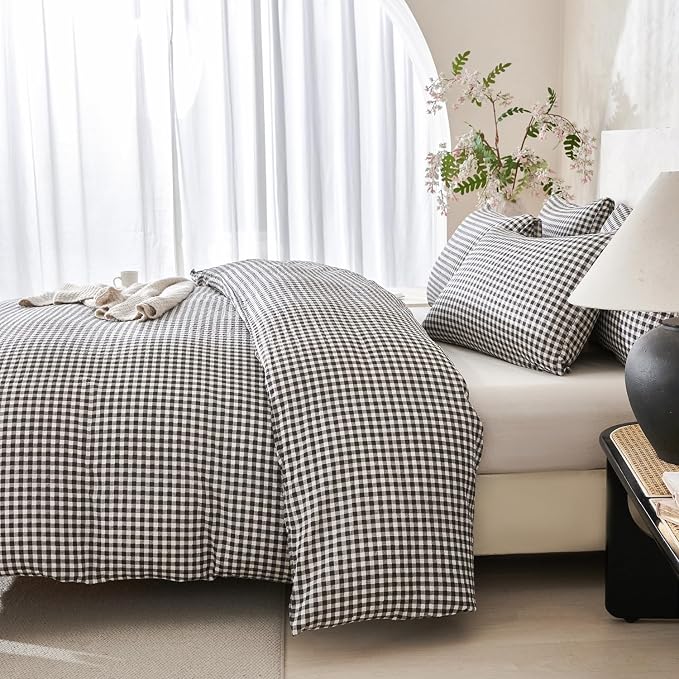 Grid Comforter Set King Soft Luxury Washed Microfiber 3 Pieces Bedding, White Grey Grid Pattern Comforter with 2 Pillowcases Breathable Durable Comfy